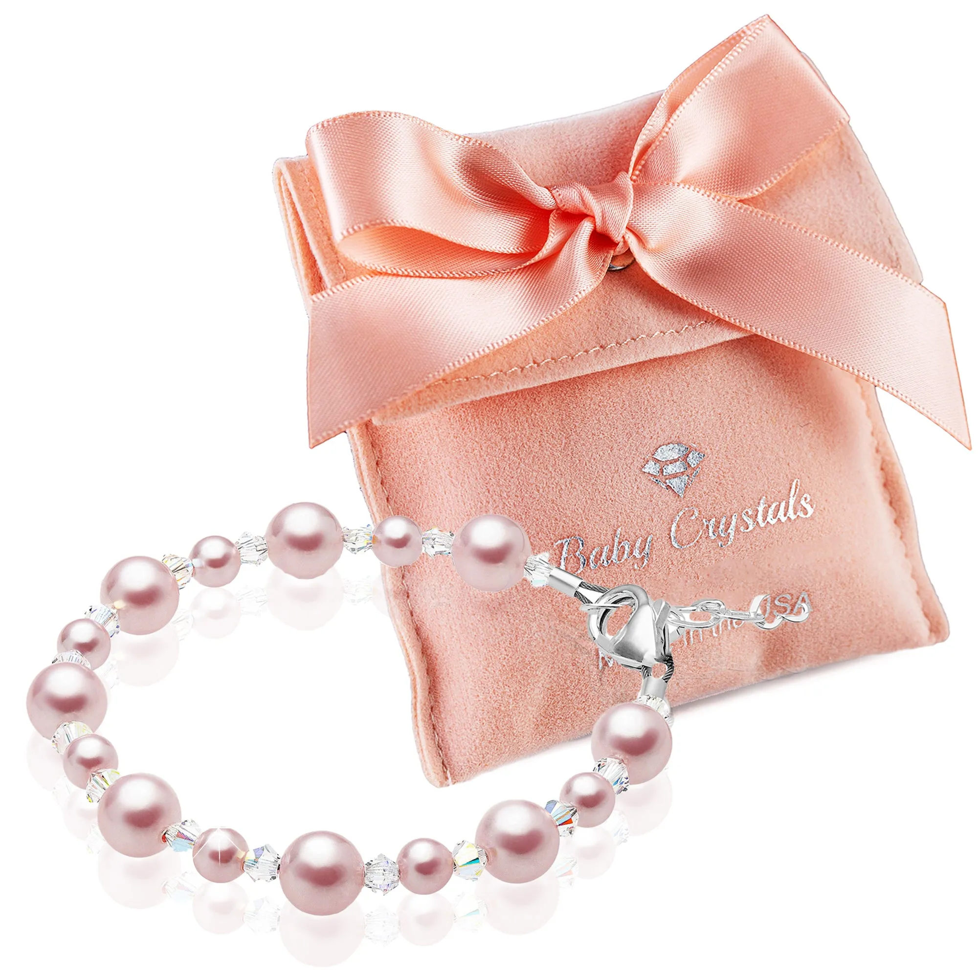Personalized Birthstone Bracelets for Girls -White and Rose Simulated Austrian Pearls Crystals, Sterling Silver Initial Charm Bracelet Jewelry for Babies to teens, Customized Alphabet Letters