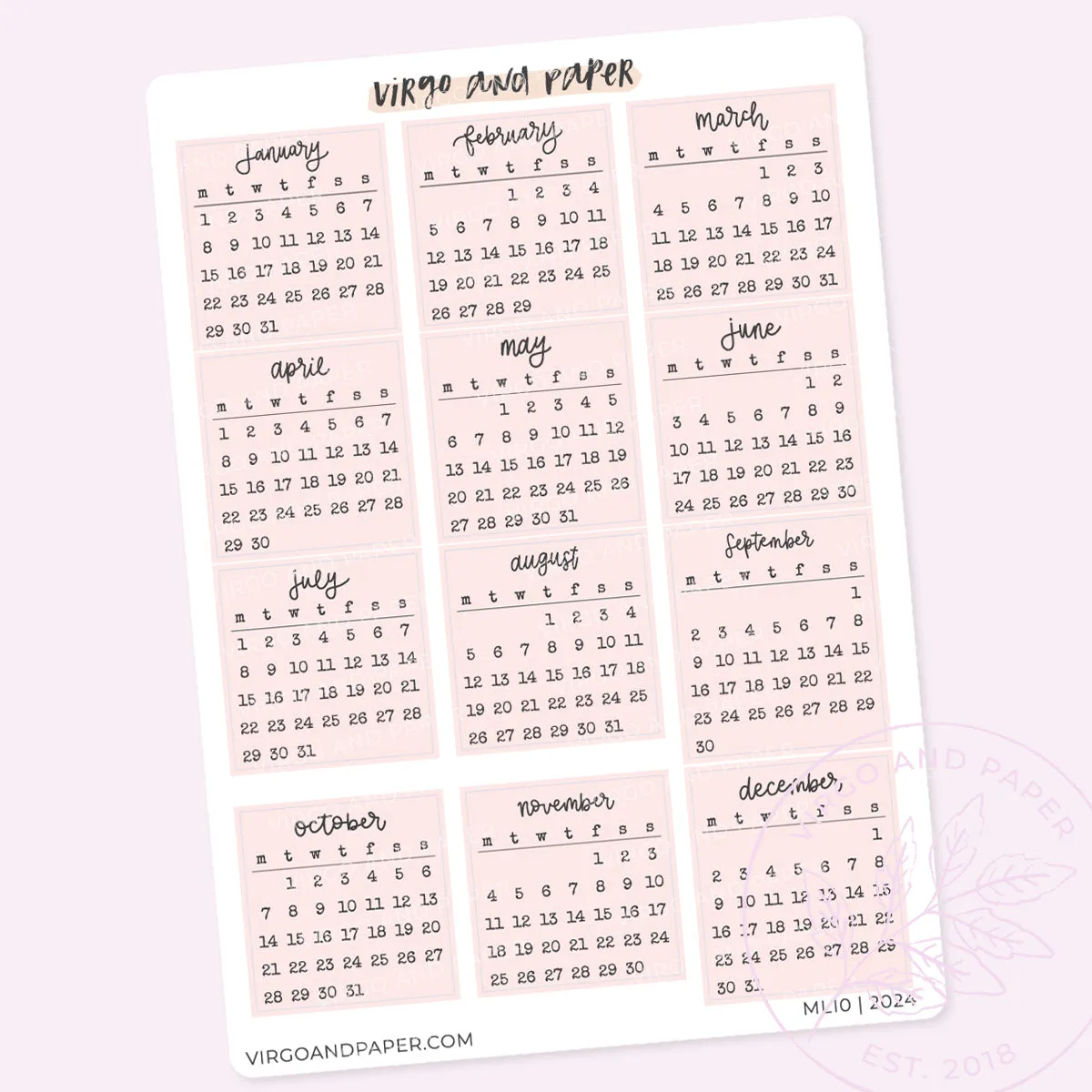 Pink Calendar Stickers Jan-Dec 2024