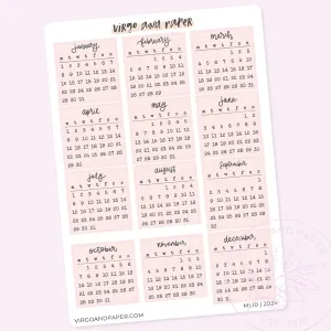 Pink Calendar Stickers Jan-Dec 2024