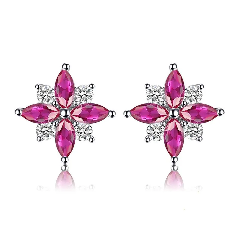 Pink Lily Flower Ruby Stud Earrings