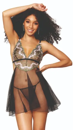 Playful Floral Embroidery Babydoll and G-string Set