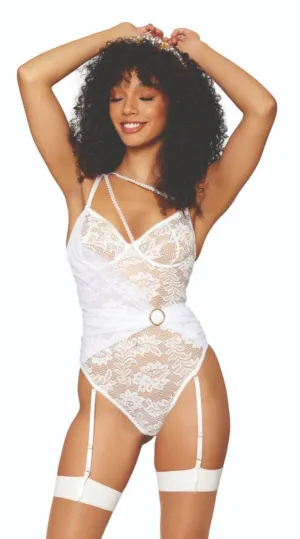 Playful White Petal Lace Garter Teddy
