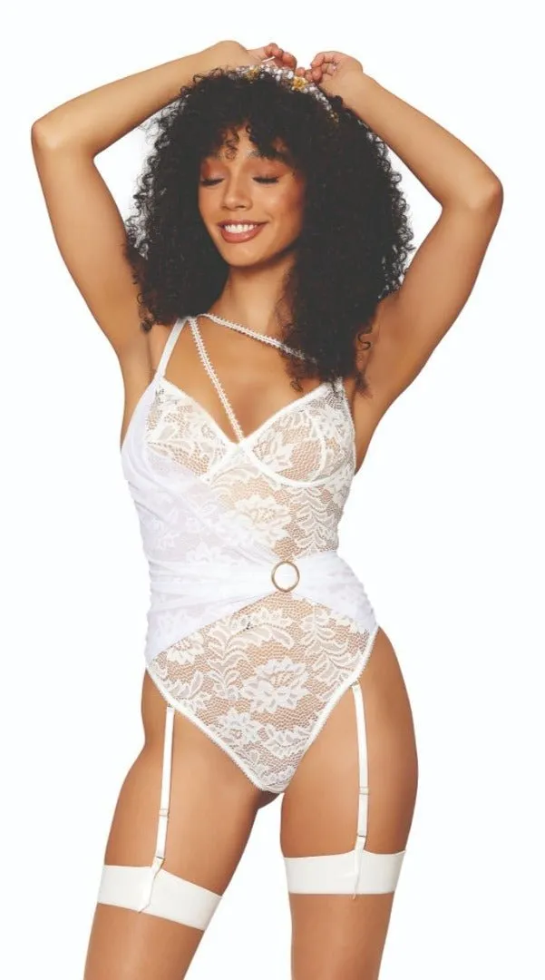 Playful White Petal Lace Garter Teddy