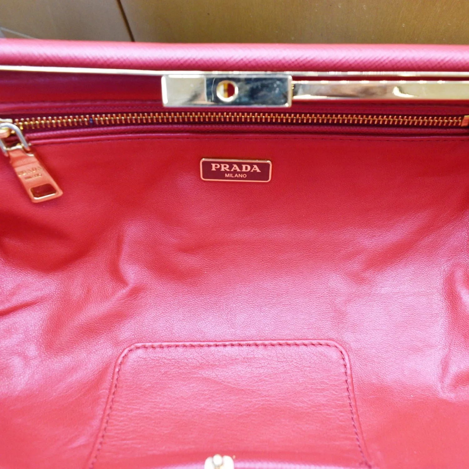 PRADA East-West Frame Saffiano Leather Clutch Bag Red