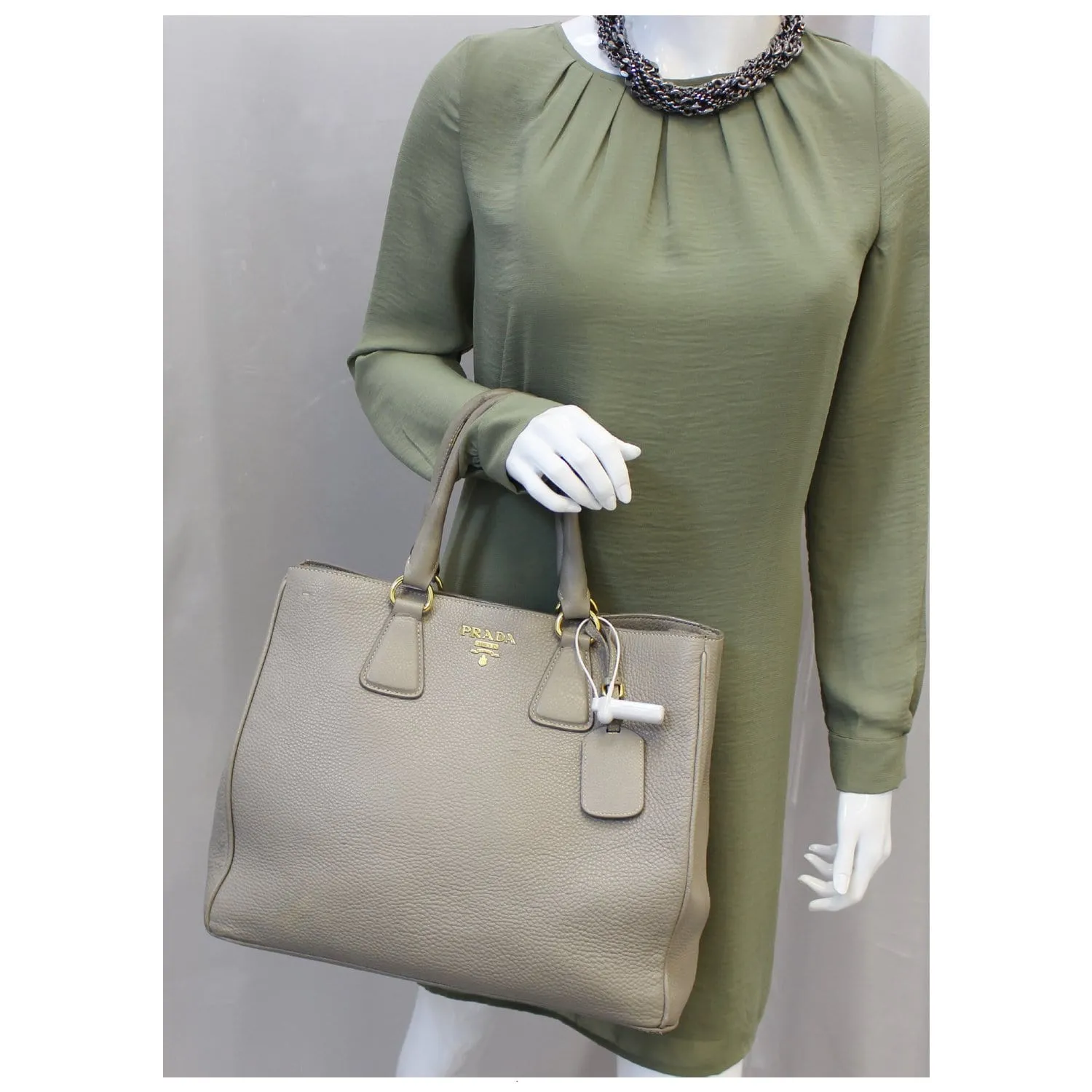 PRADA Pebbled Leather Large Tote Bag Grey