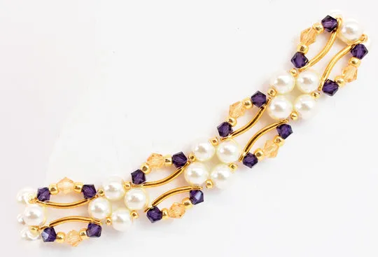 Purple Amethyst and Gold Crystal and Pearl Hex Block Link Bracelet