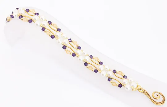 Purple Amethyst and Gold Crystal and Pearl Hex Block Link Bracelet