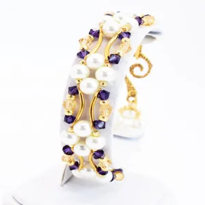 Purple Amethyst and Gold Crystal and Pearl Hex Block Link Bracelet