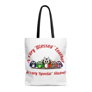 "Blessed Owl Teacher" Red Letters AOP Tote Bag