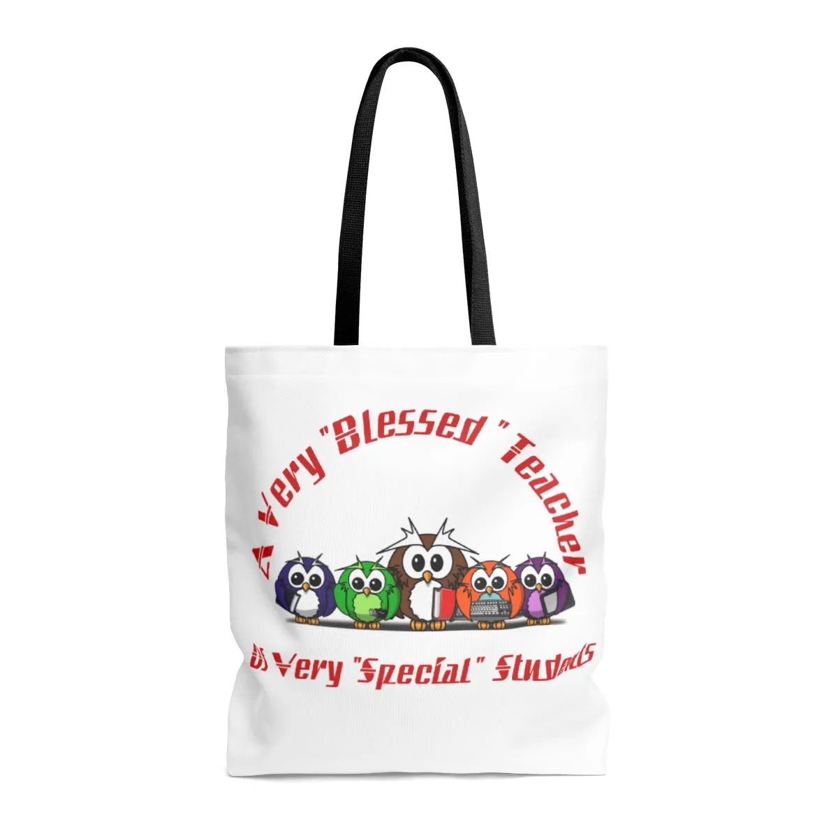 "Blessed Owl Teacher" Red Letters AOP Tote Bag