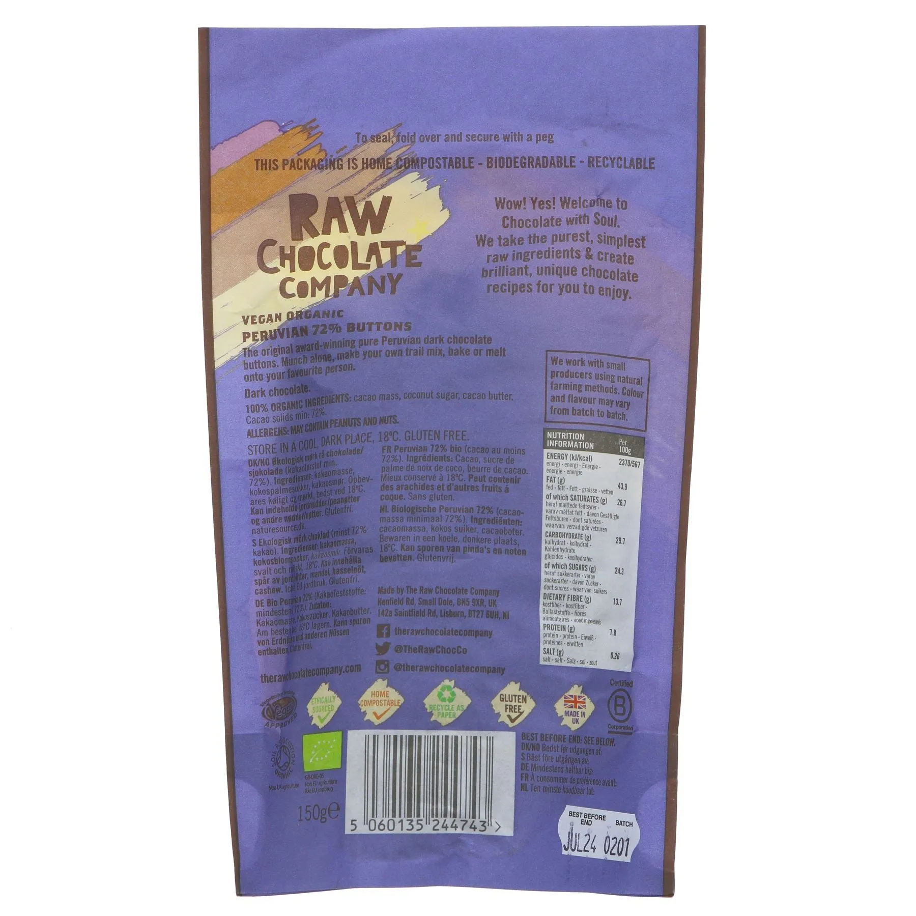 Raw Chocolate Company | Peruvian 72% Buttons | 150g