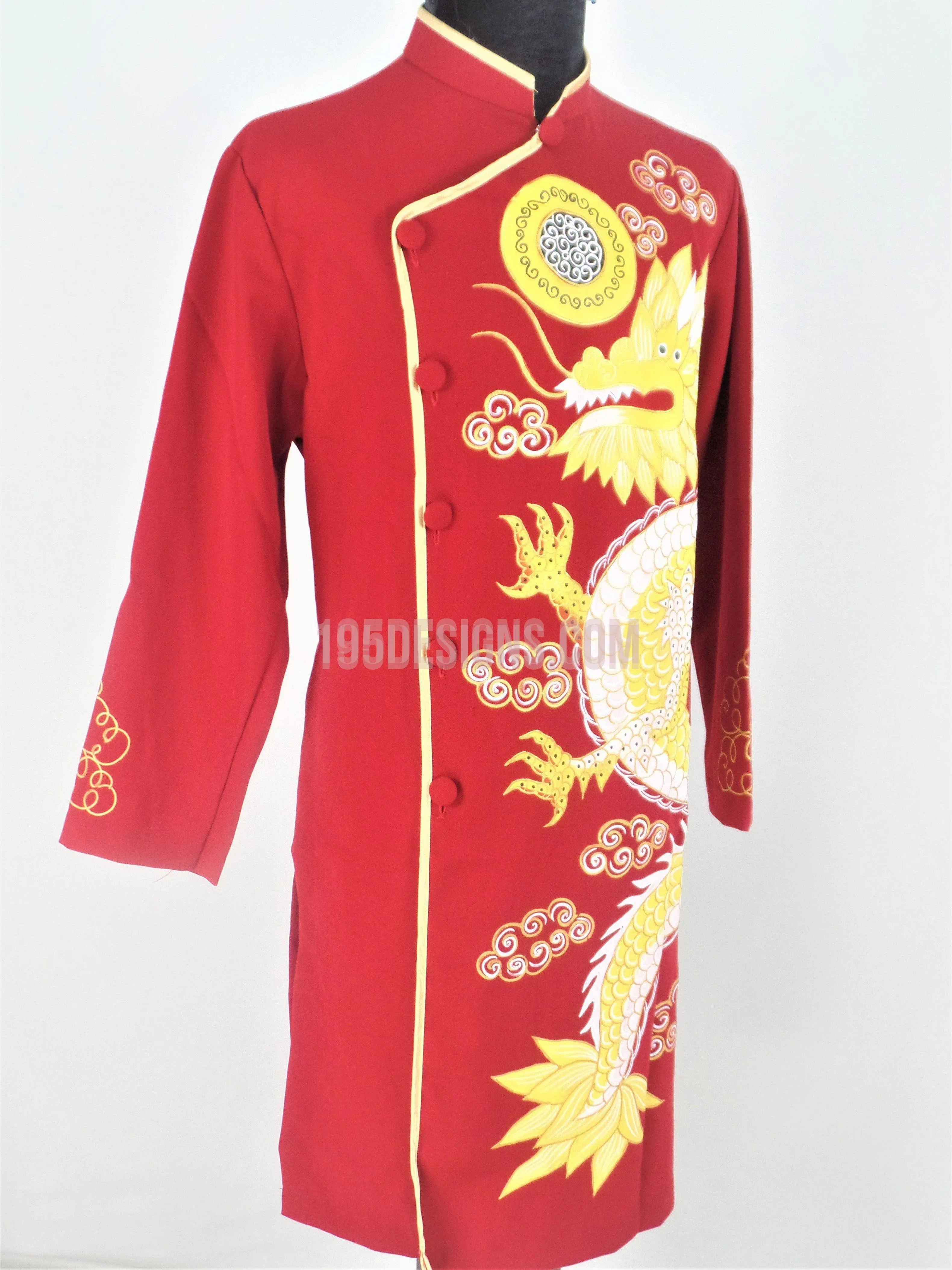 Red Ao Dai Men -  Áo Dài Đỏ Nam Vẽ Rồng Vải Co Giản Nhẹ