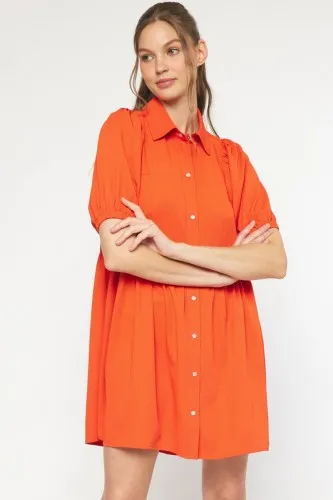 Red Button Front Bubble Sleeve Dress