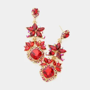Red Crystal Rhinestone Floral Pageant Earrings | Prom Earrings| 590476