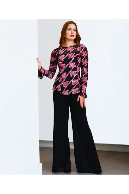 Ruby Bell Sleeves Luxurious Black and Taupe Burnout Fabric Top