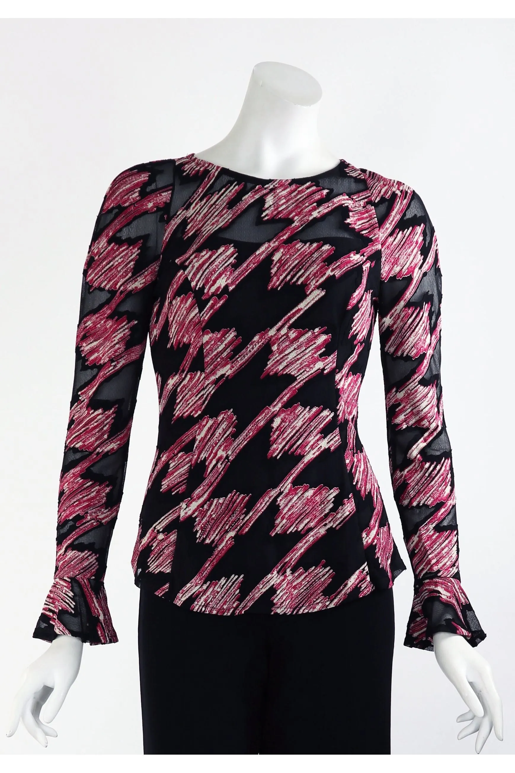 Ruby Bell Sleeves Luxurious Black and Taupe Burnout Fabric Top