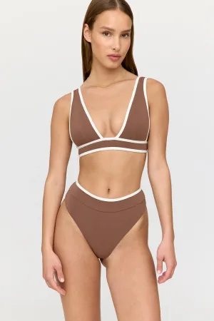 SAINT TROPEZ CONTRAST TRIM PLUNGE NECK BIKINI TOP - TERRACOTTA AND COCONUT MILK