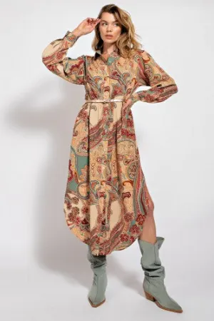 Sand Paisley Print Button Front Dress