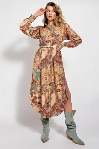 Sand Paisley Print Button Front Dress