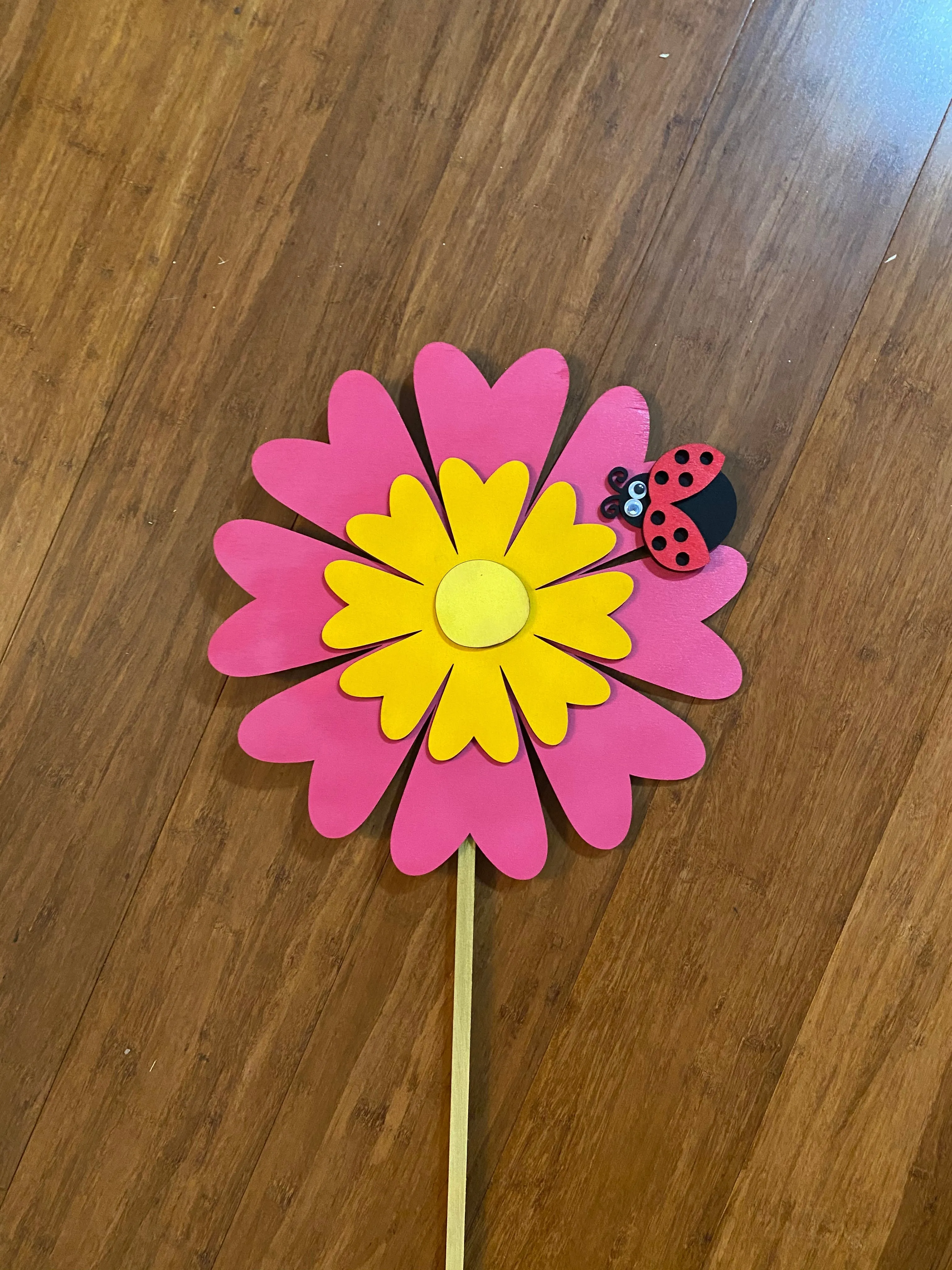 Shimmering Daisy and Ladybug Wooden Garden Stake