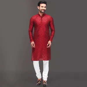 Shocking Red Cotton Silk Kurta with Minimal Handwork