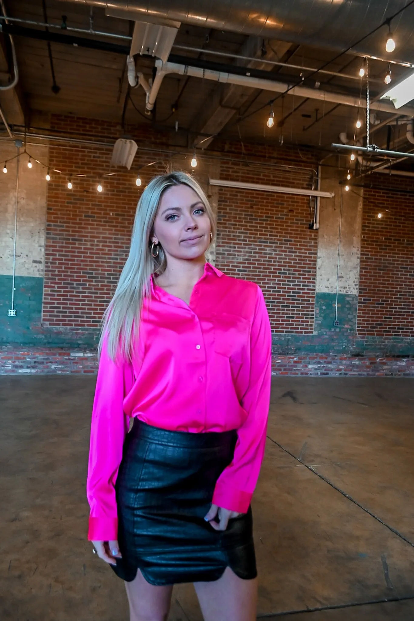 Silky Button Down Top- Hot Pink