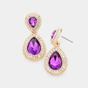 Small Double Teardrop Purple Crystal Drop Earrings  |  465046