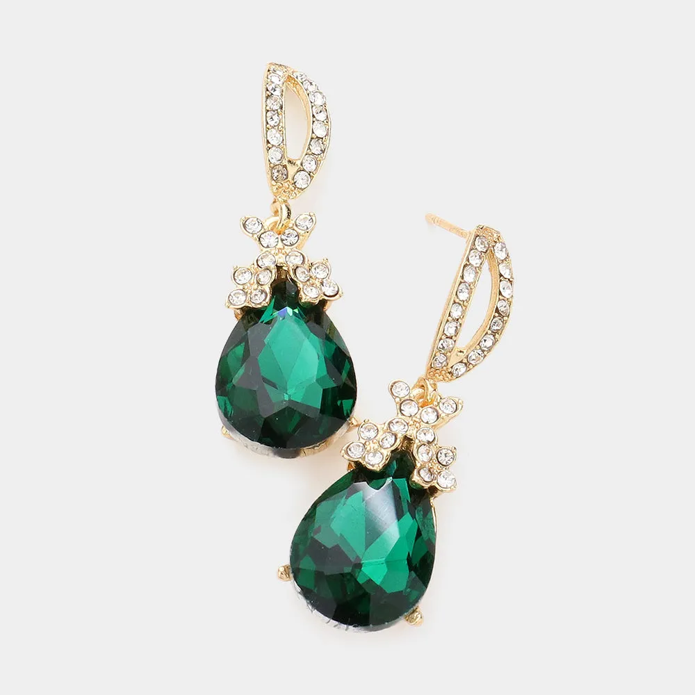 Small Emerald Crystal Teardrop Dangle Earrings  | 590431