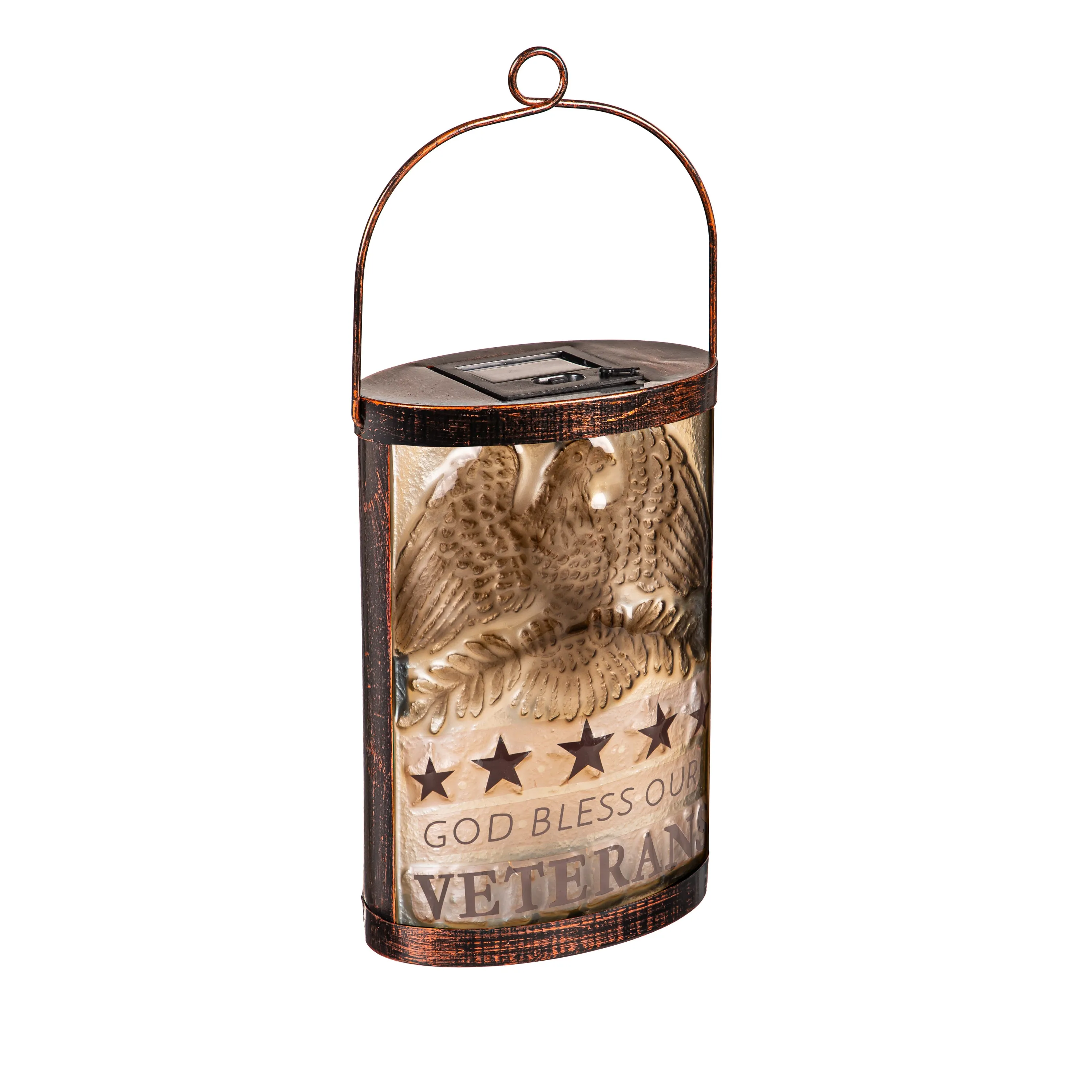 Solar Hand Painted Glass Lantern, God Bless Our Veterans,2sp8583