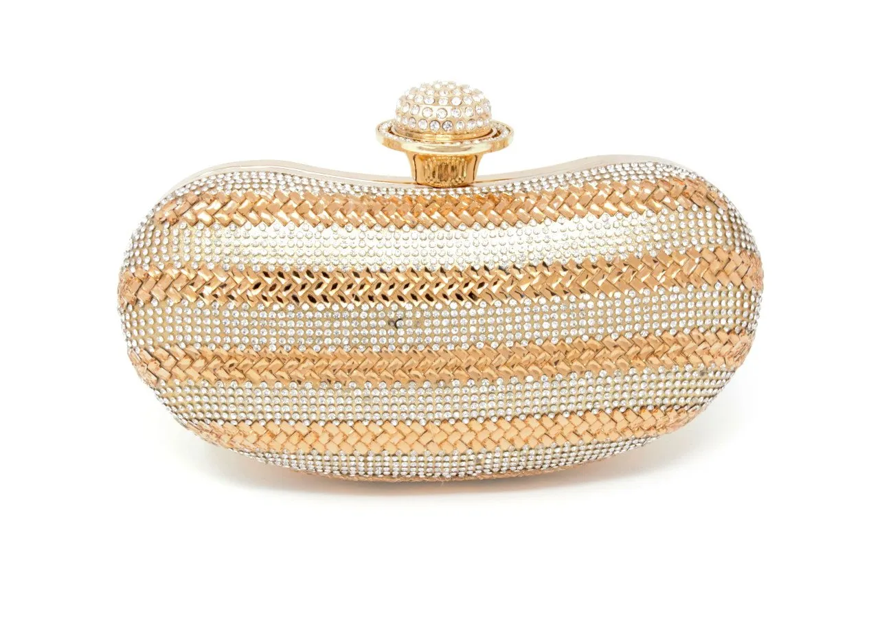 Sparkling Gold & Silver Dual Tone Bean Shape Clutch with Handle and Chain