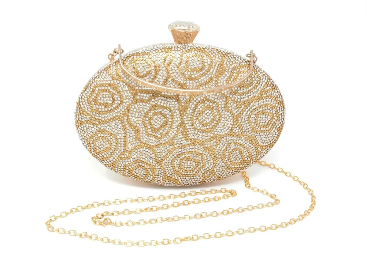 Sparkling Gold Oval Clutch with Handle and Chain