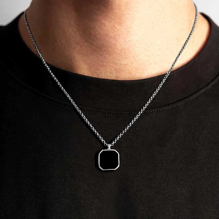 Square Gemstone Pendant Necklace - Silver & Black