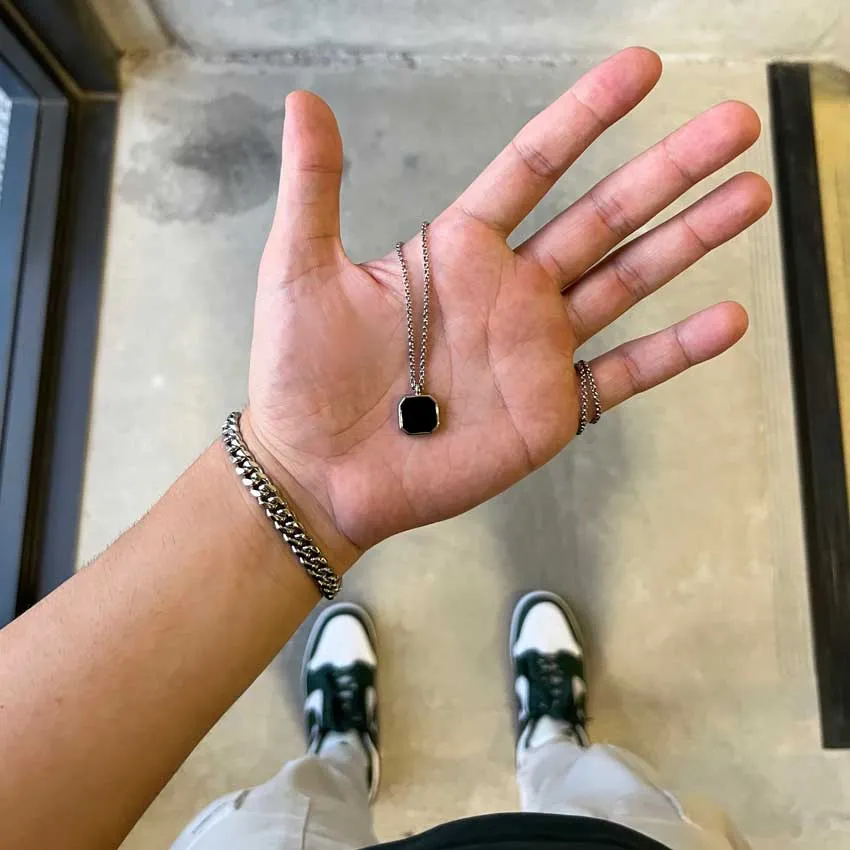 Square Gemstone Pendant Necklace - Silver & Black