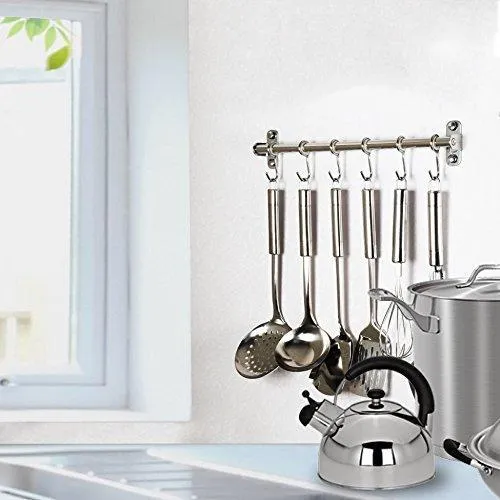 Squelo Kitchen Sliding Hooks, Solid Stainless Steel Hanging Rack Rail with Utensil Removable S Hooks for Towel, Pot Pan, Spoon, Loofah, Bathrobe, Wall Mounted