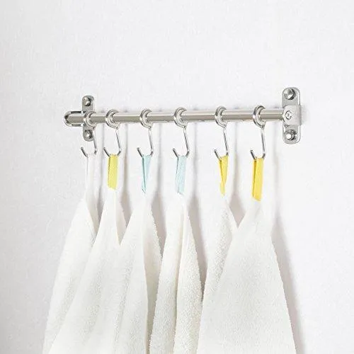 Squelo Kitchen Sliding Hooks, Solid Stainless Steel Hanging Rack Rail with Utensil Removable S Hooks for Towel, Pot Pan, Spoon, Loofah, Bathrobe, Wall Mounted