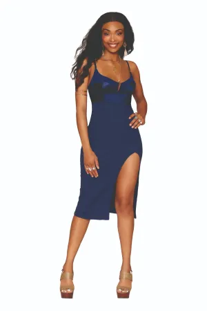 Stretch Satin Rib Knit Midi Sleep Chemise with High Front Slit