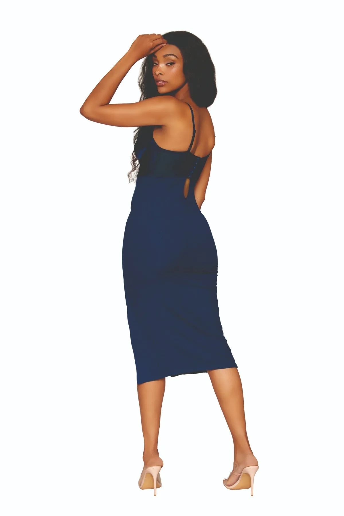 Stretch Satin Rib Knit Midi Sleep Chemise with High Front Slit