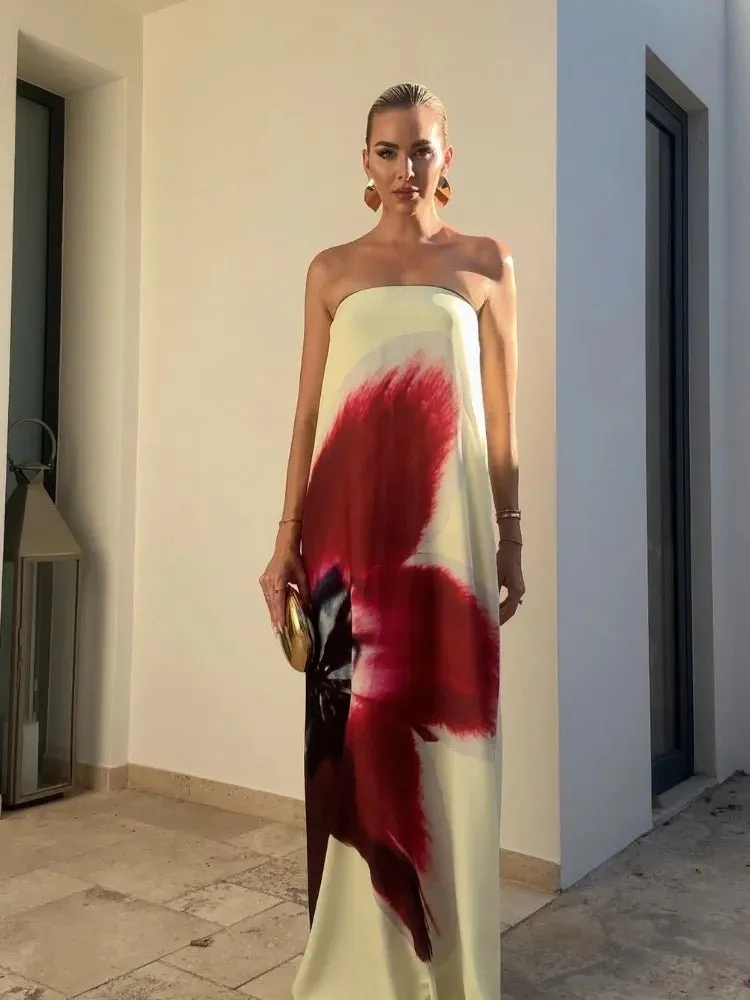 Stunning Strapless Printed Maxi Dress - Chic Women's Beach Robe