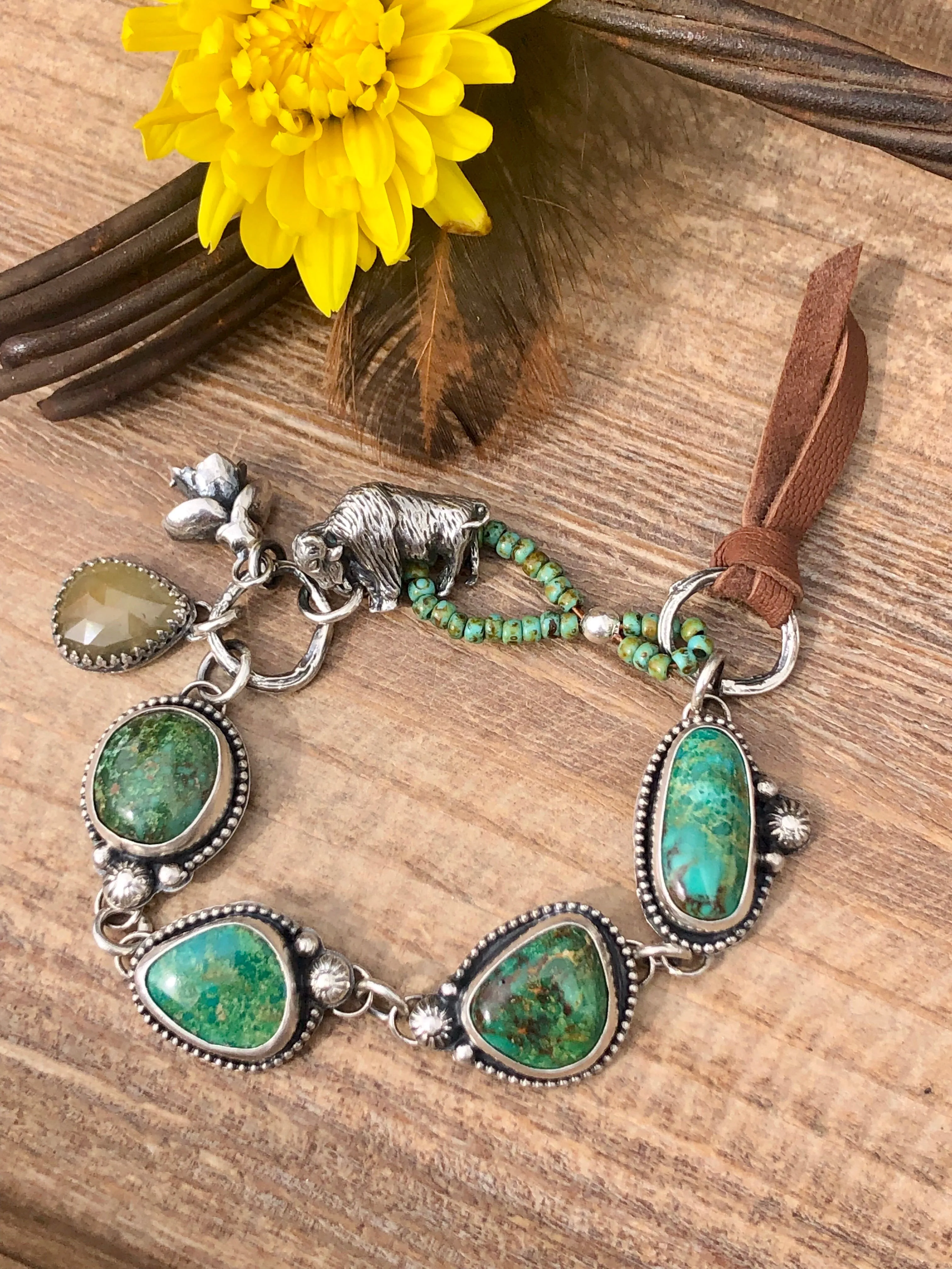 Take No Bull Old stock Royston Turquoise, Buffalo and succulent Sterling Silver Bracelet