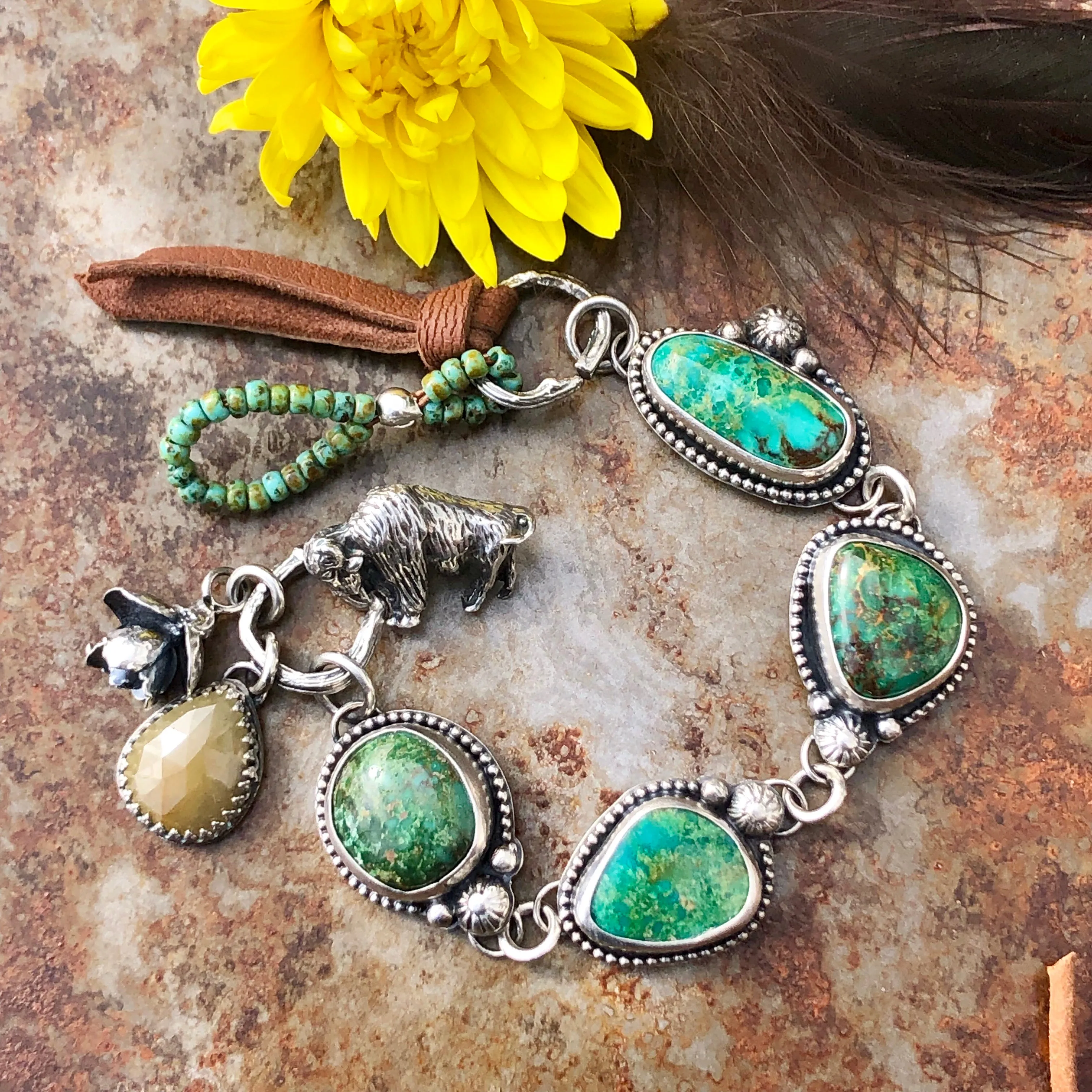 Take No Bull Old stock Royston Turquoise, Buffalo and succulent Sterling Silver Bracelet