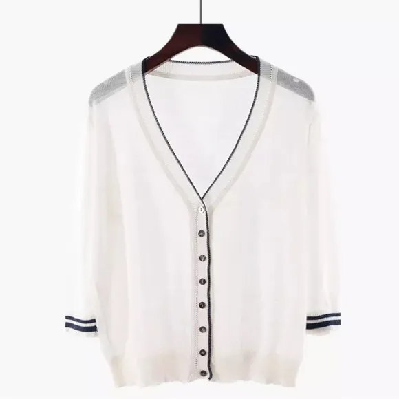 Thin Cardigan sweater white button v-neck sporty style transparent sheer
