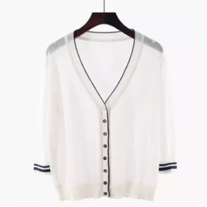 Thin Cardigan sweater white button v-neck sporty style transparent sheer