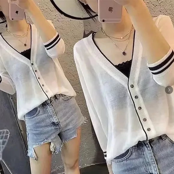 Thin Cardigan sweater white button v-neck sporty style transparent sheer