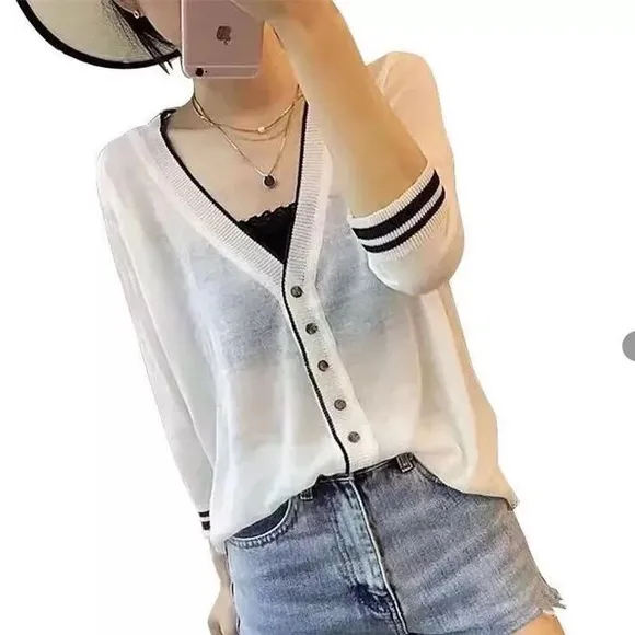 Thin Cardigan sweater white button v-neck sporty style transparent sheer