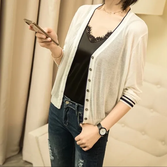 Thin Cardigan sweater white button v-neck sporty style transparent sheer
