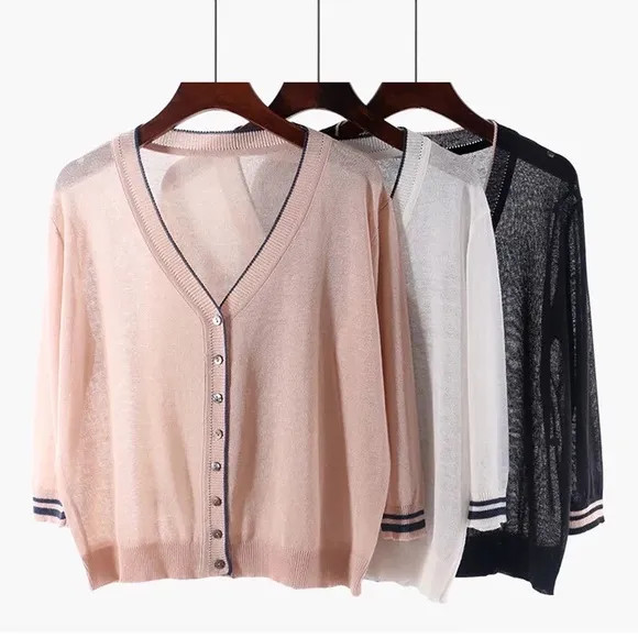 Thin Cardigan sweater white button v-neck sporty style transparent sheer