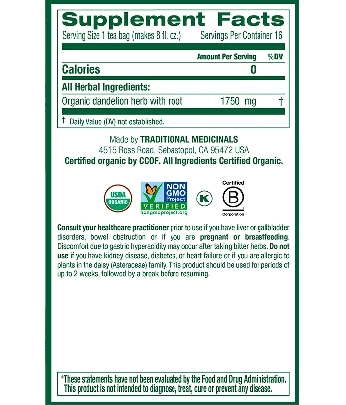Traditional Medicinals - Organic Dandelion Leaf & Root Tea, 16 Bags