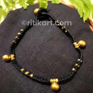 Tribal Dhokra Anklet with Big Brass Beads Embedded in Black Thread