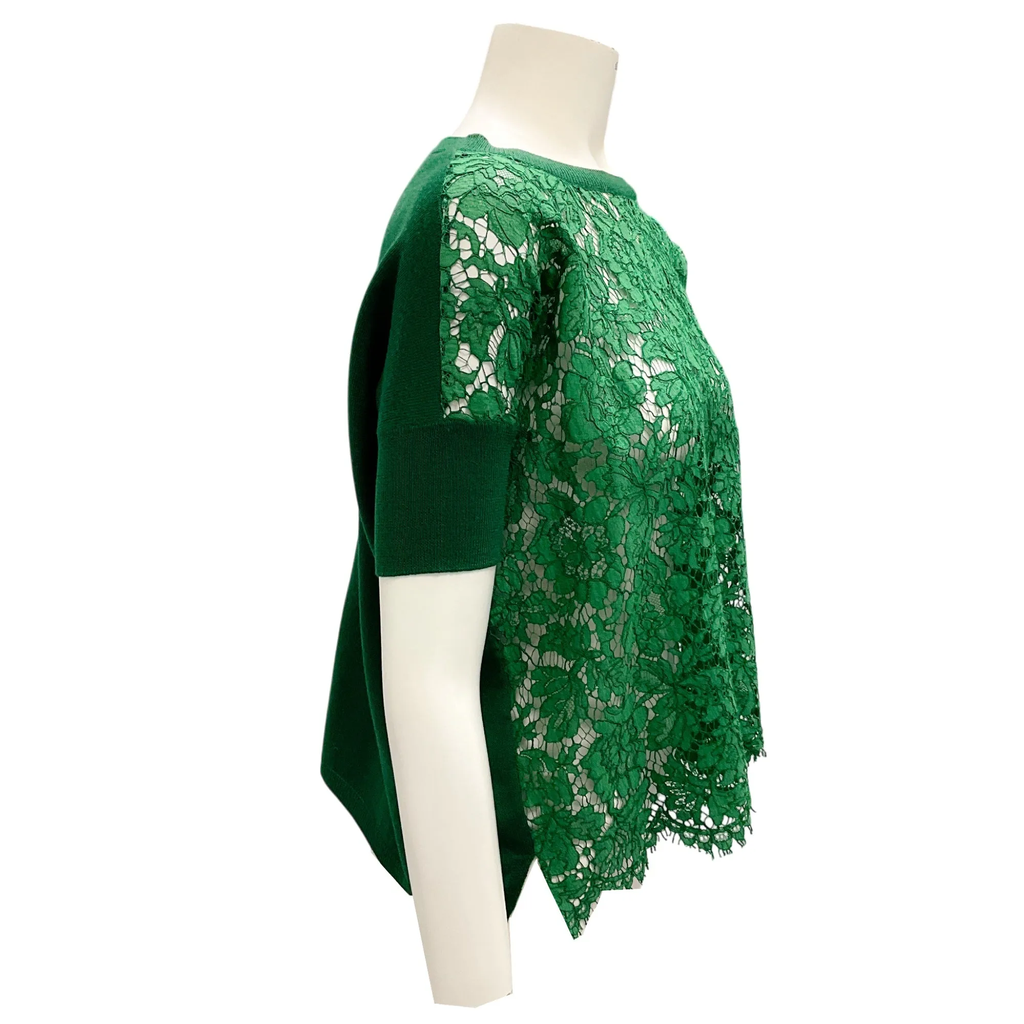 Valentino Green Lace And Knit Trim Oversized Top