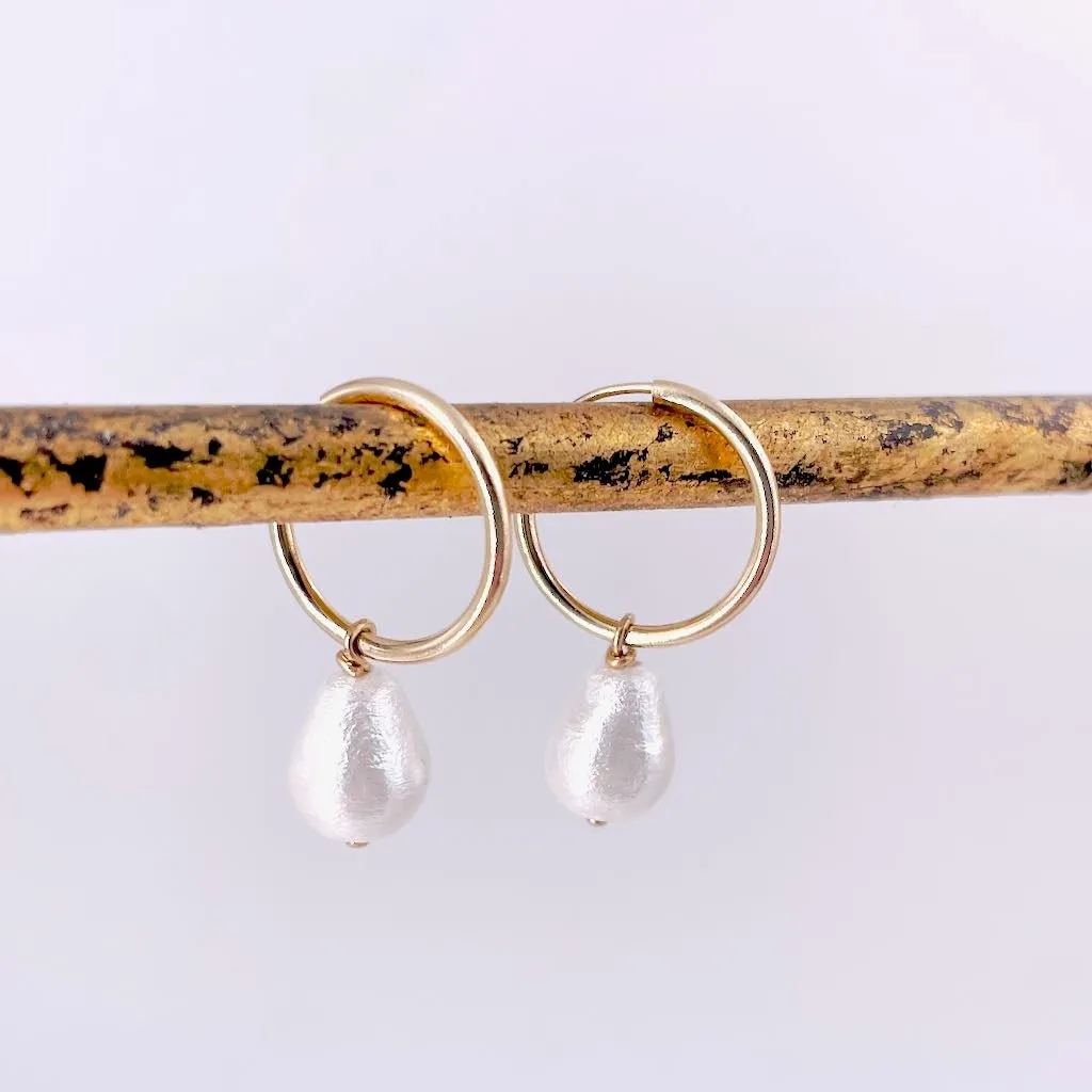Vegan Cotton Teardrop Pearl Hoop Earrings - Lightweight Chic Design 0357